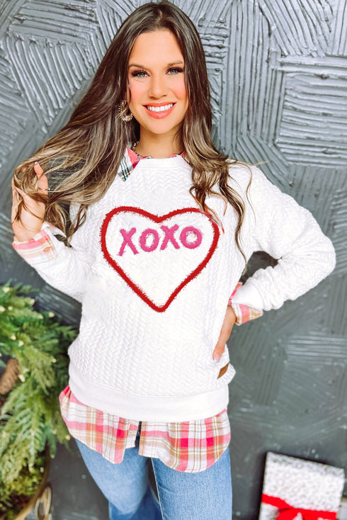 Heart XOXO Chenille Embroidered Textured Sweatshirt