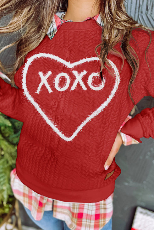Heart XOXO Chenille Embroidered Textured Sweatshirt