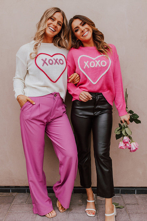 Heart XOXO Pattern Drop Shoulder Rib Knit Sweater