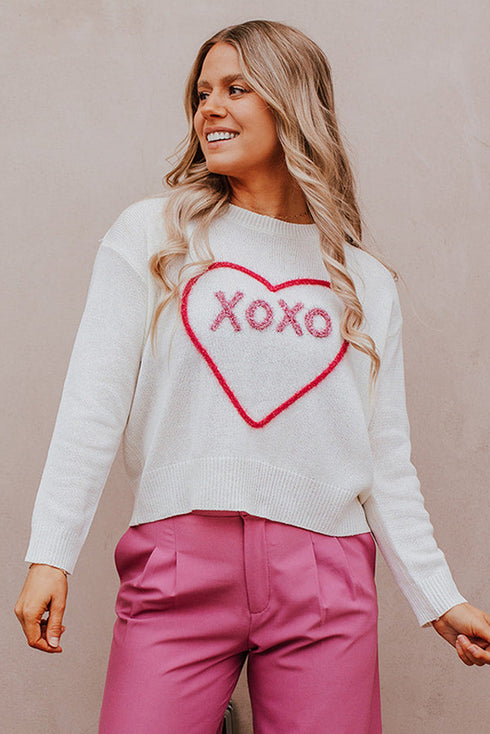 Heart XOXO Pattern Drop Shoulder Rib Knit Sweater