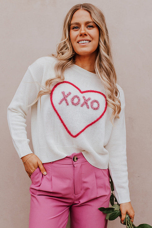 Heart XOXO Pattern Drop Shoulder Rib Knit Sweater