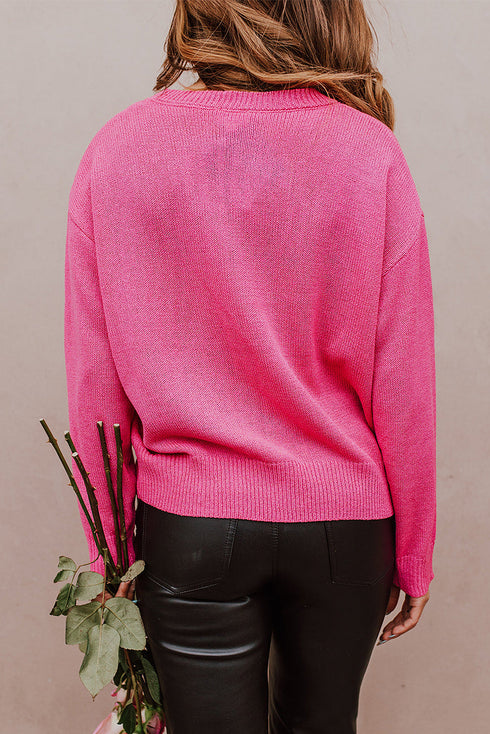 Heart XOXO Pattern Drop Shoulder Rib Knit Sweater