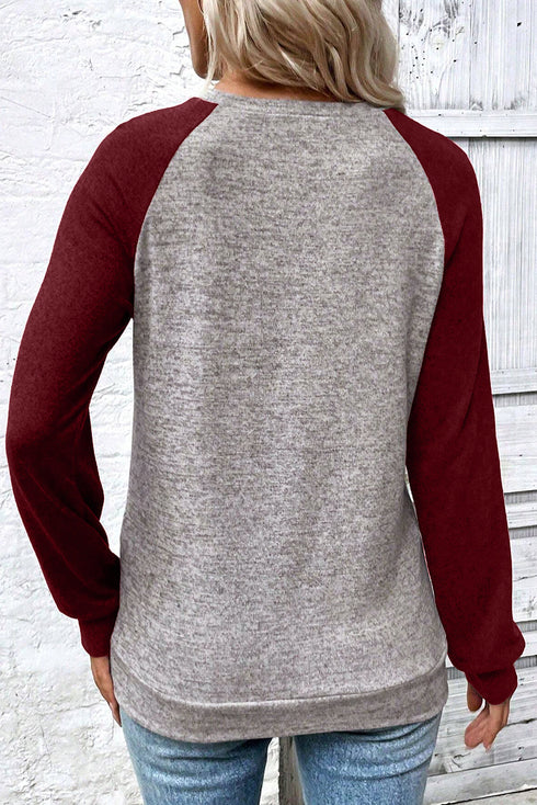 Heather Knit Color Block Raglan Crewneck Long Sleeve Top