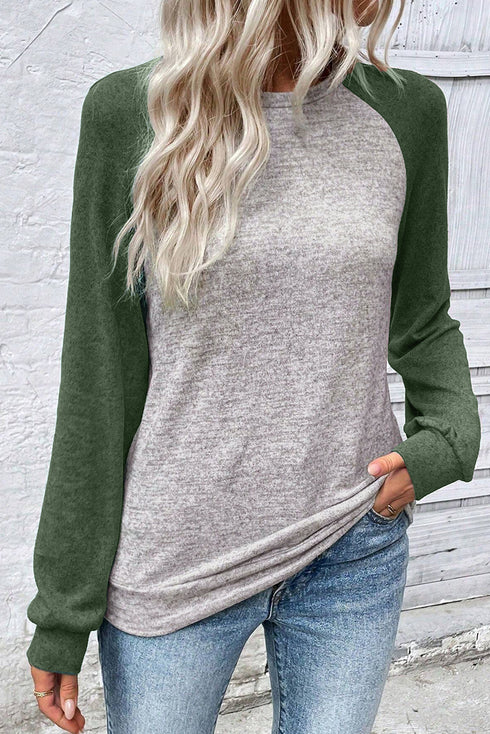 Heather Knit Color Block Raglan Crewneck Long Sleeve Top