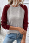 Heather Knit Color Block Raglan Crewneck Long Sleeve Top