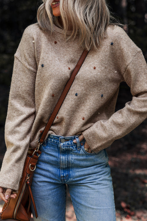 Heathered Contrast Dot Embroidered Drop Shoulder Crewneck Relaxed Sweater