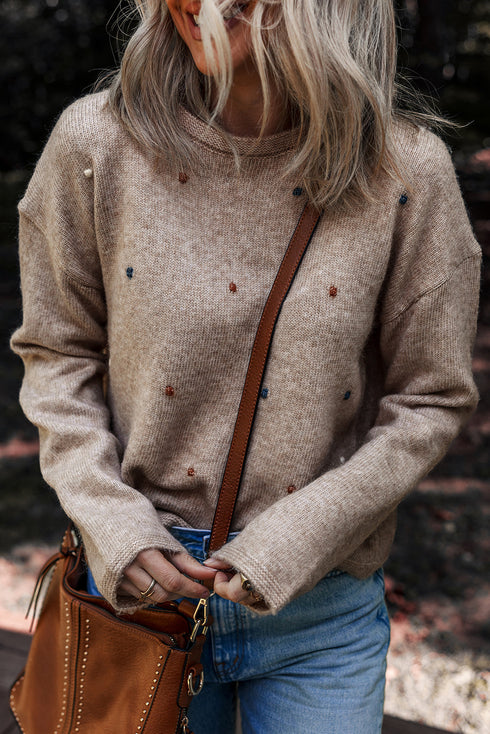 Heathered Contrast Dot Embroidered Drop Shoulder Crewneck Relaxed Sweater