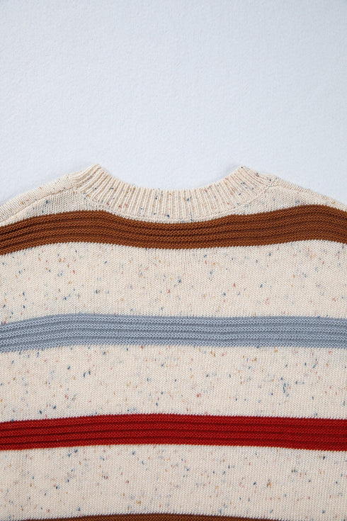Heathered Knit Stripe Exposed Seam Drop Shoulder Sweater
