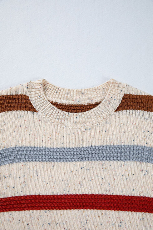 Heathered Knit Stripe Exposed Seam Drop Shoulder Sweater