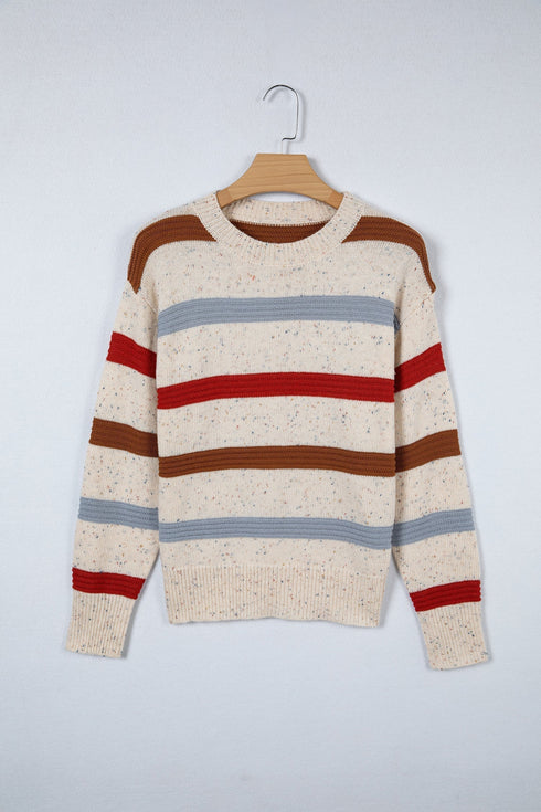 Heathered Knit Stripe Exposed Seam Drop Shoulder Sweater
