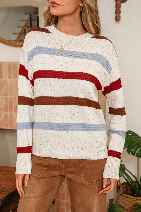 Heathered Knit Stripe Exposed Seam Drop Shoulder Sweater