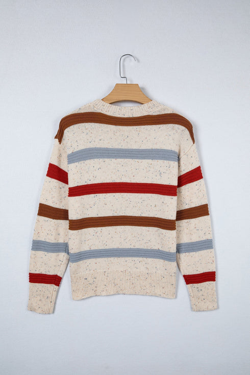 Heathered Knit Stripe Exposed Seam Drop Shoulder Sweater
