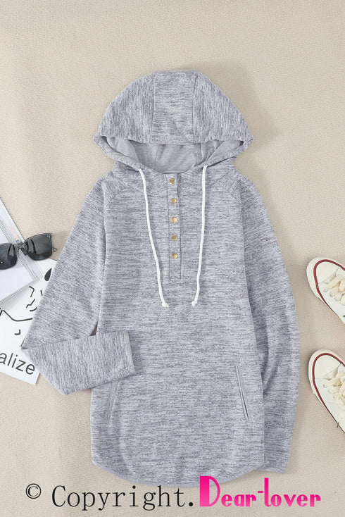Heathered Print Button Snap Neck Pullover Hoodie