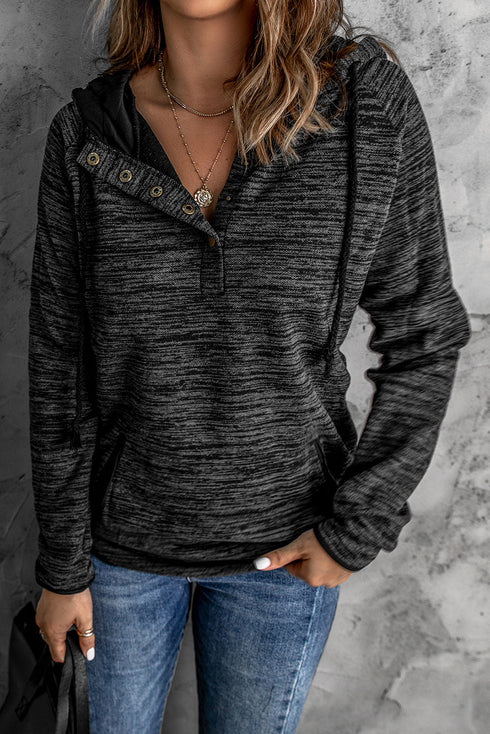 Heathered Print Button Snap Neck Pullover Hoodie
