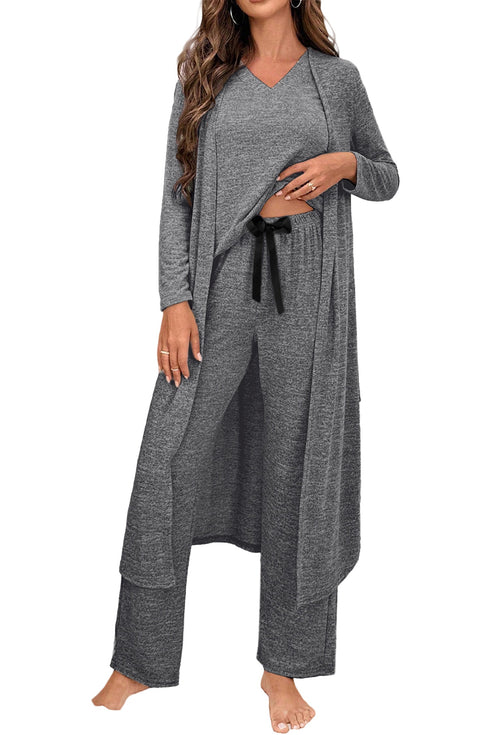 Heathered Soft Knit Three Piece Cardigan And Pant Lounge Set