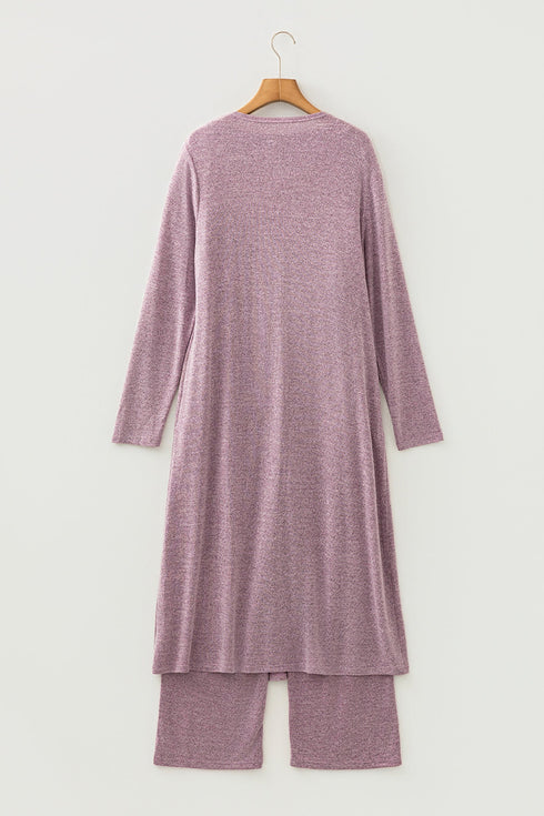 Heathered Soft Knit Three Piece Cardigan And Pant Lounge Set