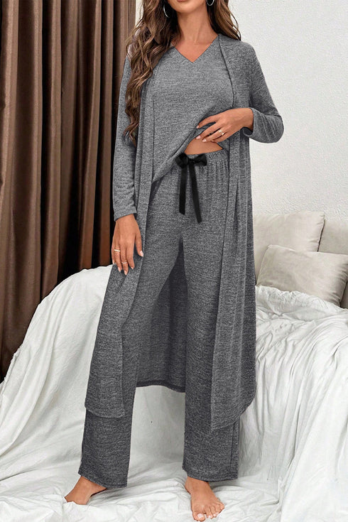 Heathered Soft Knit Three Piece Cardigan And Pant Lounge Set