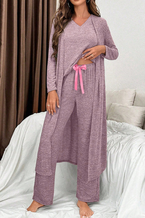 Heathered Soft Knit Three Piece Cardigan And Pant Lounge Set