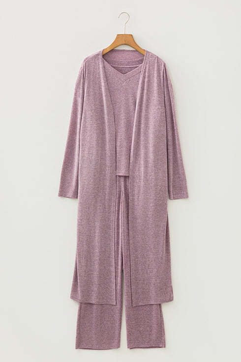 Heathered Soft Knit Three Piece Cardigan And Pant Lounge Set