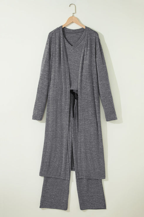 Heathered Soft Knit Three Piece Cardigan And Pant Lounge Set