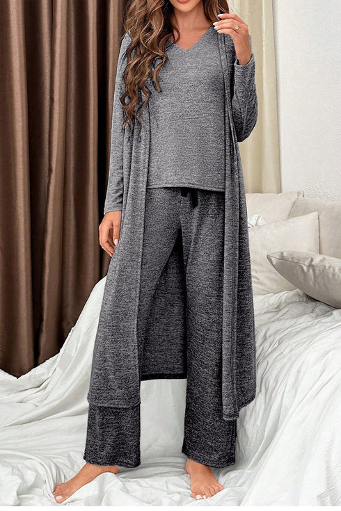 Heathered Soft Knit Three Piece Cardigan And Pant Lounge Set