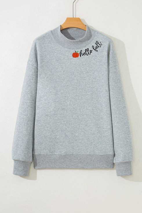 Hello Embroidered Pumpkin Graphic Mock Neck Sweatshirt