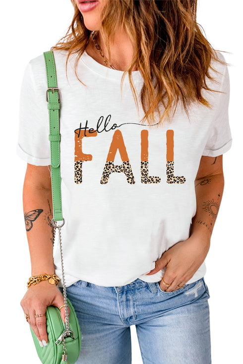 Hello Fall Leopard Fun Graphic T Shirt