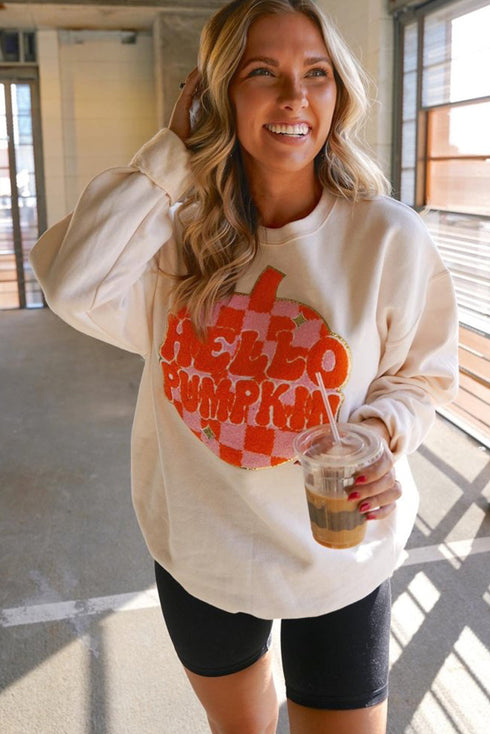 Hello Pumpkin Checkered Graphic Crew Neck Sweatshirt
