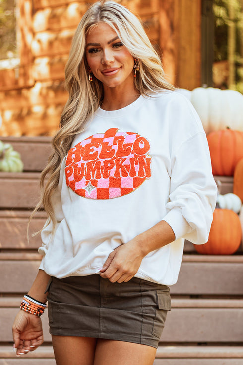 Hello Pumpkin Checkered Graphic Crew Neck Sweatshirt