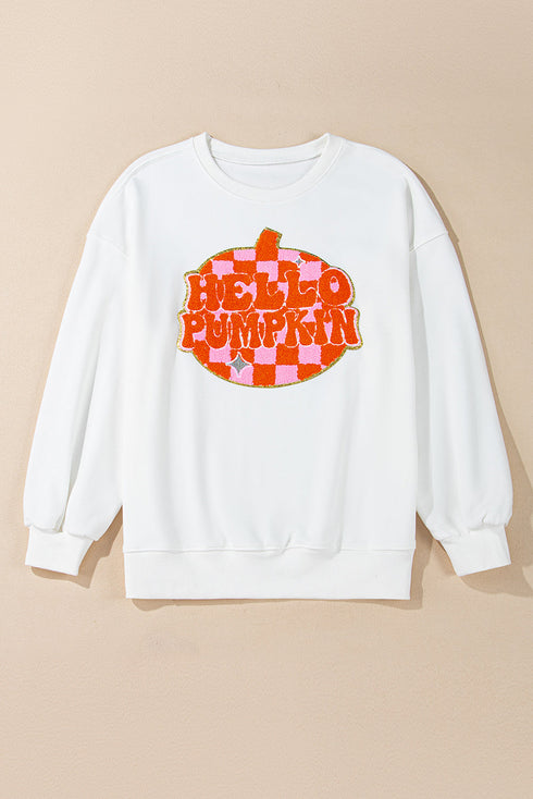 Hello Pumpkin Checkered Graphic Crew Neck Sweatshirt