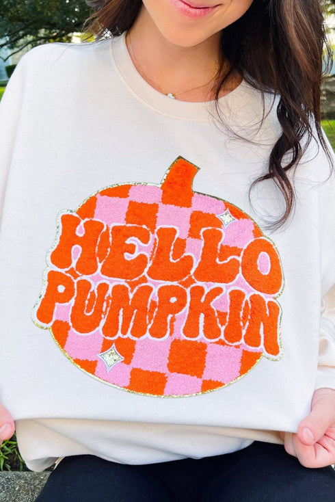 Hello Pumpkin Checkered Graphic Crew Neck Sweatshirt