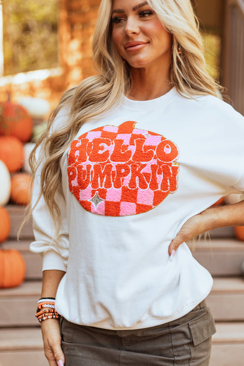 Hello Pumpkin Checkered Graphic Crew Neck Sweatshirt