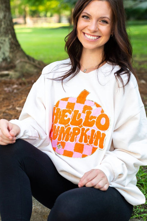 Hello Pumpkin Checkered Graphic Crew Neck Sweatshirt