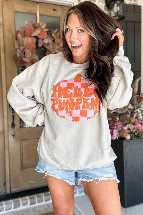 Hello Pumpkin Checkered Graphic Crew Neck Sweatshirt