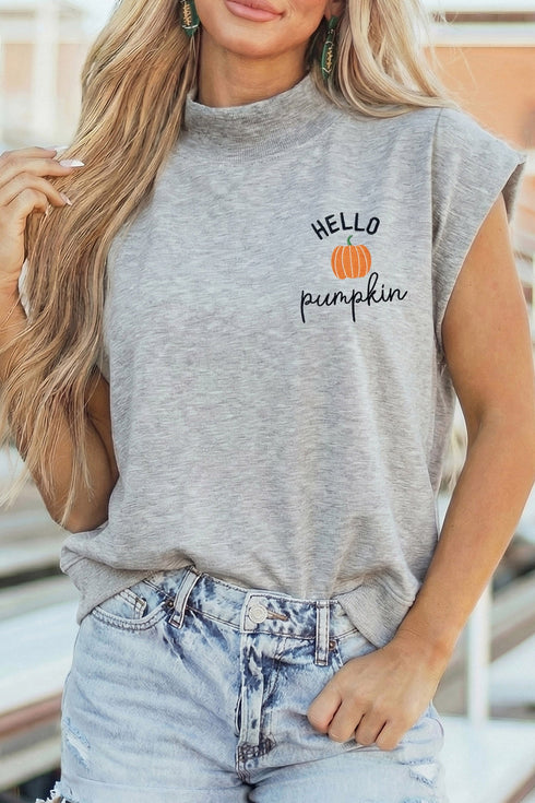 Hello Pumpkin Embroidered Graphic High Neck Cap Sleeve Tank Top