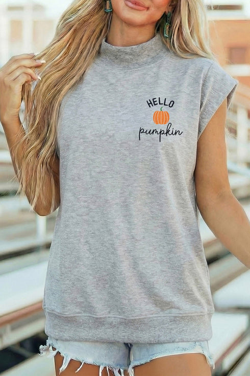 Hello Pumpkin Embroidered Graphic High Neck Cap Sleeve Tank Top