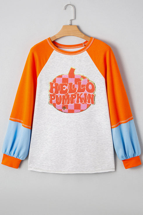 Hello Pumpkin Patch Letter Graphic Bubble Sleeve Raglan Top