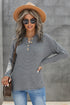 Henley Button Placket Side Slit Drop Shoulder Pullover Knit Sweater