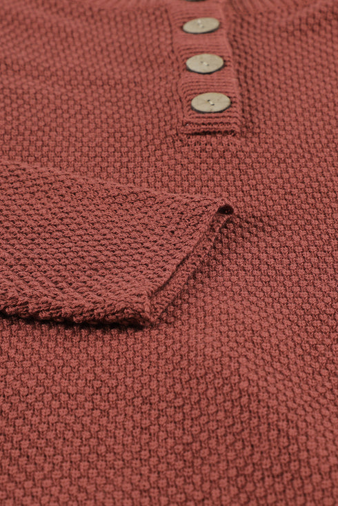 Henley Button Placket Side Slit Drop Shoulder Pullover Knit Sweater