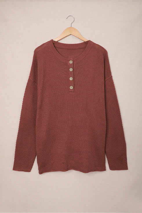 Henley Button Placket Side Slit Drop Shoulder Pullover Knit Sweater