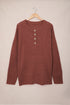 Henley Button Placket Side Slit Drop Shoulder Pullover Knit Sweater