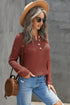 Henley Button Placket Side Slit Drop Shoulder Pullover Knit Sweater