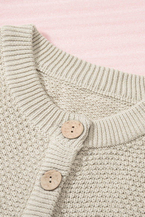 Henley Button Placket Side Slit Drop Shoulder Pullover Knit Sweater