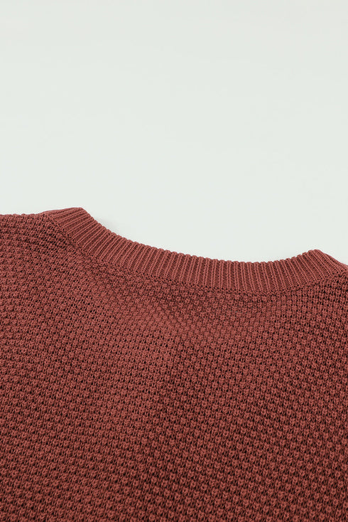 Henley Button Placket Side Slit Drop Shoulder Pullover Knit Sweater