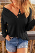 Henley Button Placket Side Slit Drop Shoulder Pullover Knit Sweater