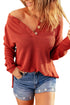 Henley Button Placket Side Slit Drop Shoulder Pullover Knit Sweater