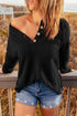 Henley Button Placket Side Slit Drop Shoulder Pullover Knit Sweater
