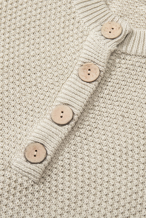 Henley Button Placket Side Slit Drop Shoulder Pullover Knit Sweater