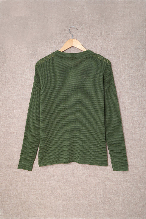Henley Button Placket Side Slit Drop Shoulder Pullover Knit Sweater