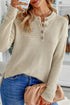 Henley Button Placket Side Slit Drop Shoulder Pullover Knit Sweater